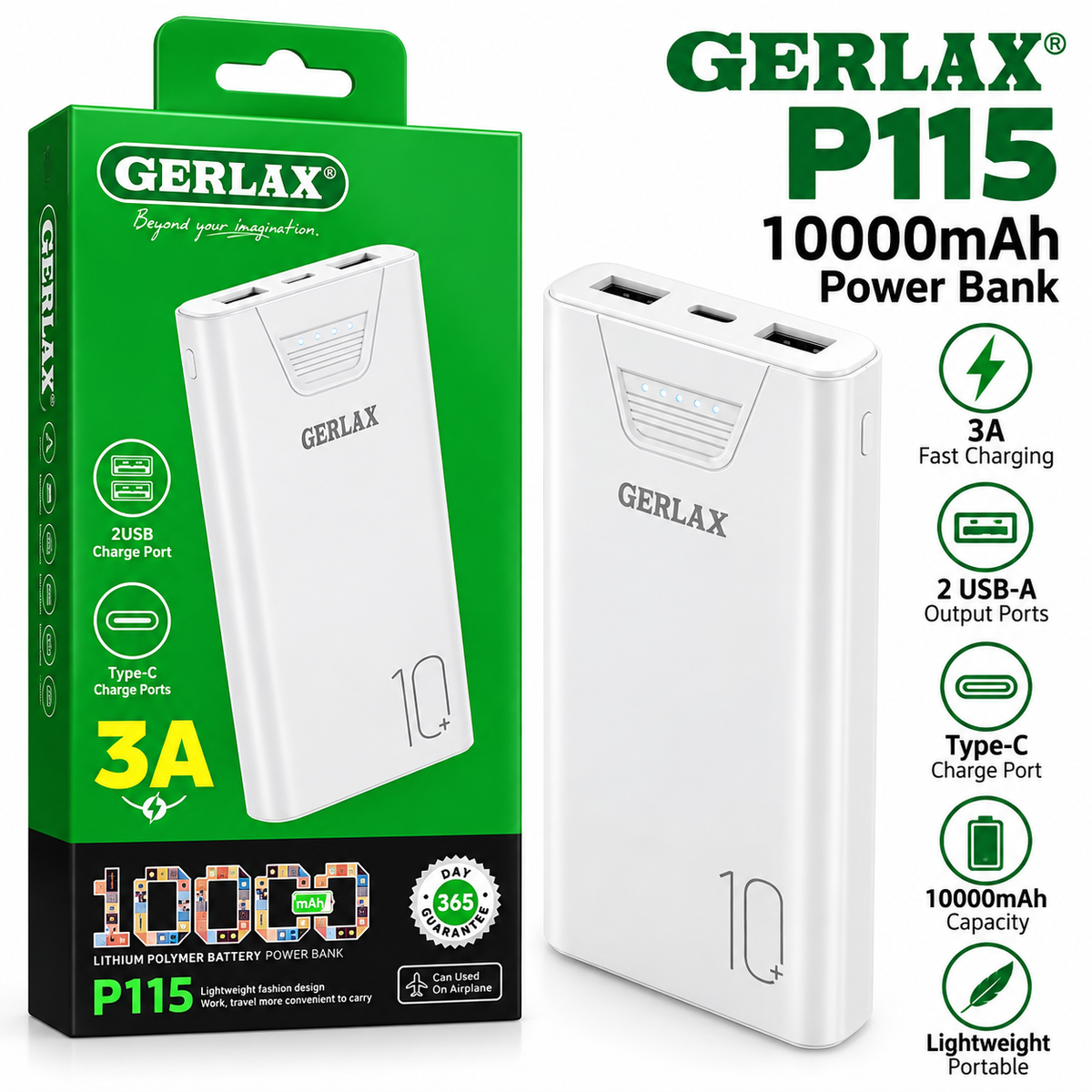 GERLAX P115 10000mAh Power Bank – 3A Charging, Dual USB-A & USB-C Ports, Slim Portable Battery, White