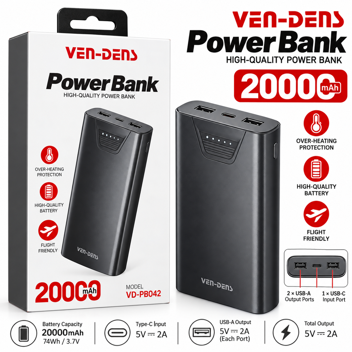 VEN-DENS VD-PB042 20000mAh Power Bank – Dual USB-A Output, USB-C Input, 5V 2A, Black