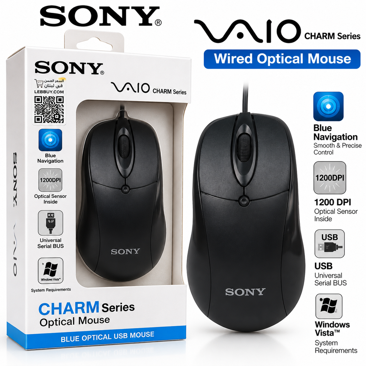 SONY VAIO Charm Series USB Wired Optical Mouse – 1200 DPI, Blue Optical Sensor, Ergonomic Design, Black