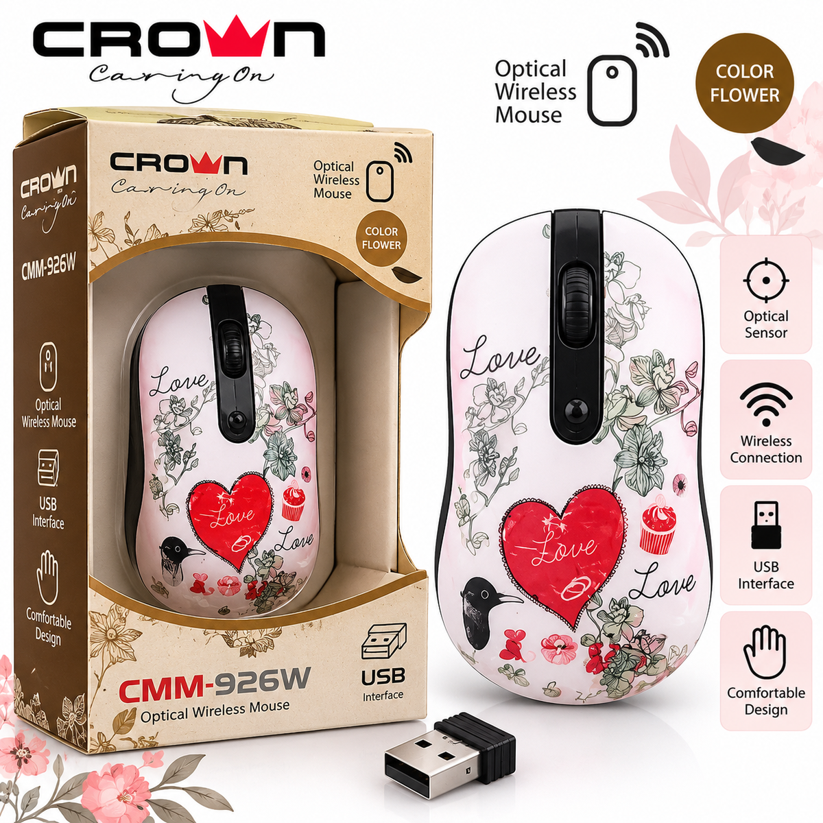 Crown Micro CMM-926W Wireless Optical Mouse – Floral Love Design, USB Receiver, Compact Computer Mouse