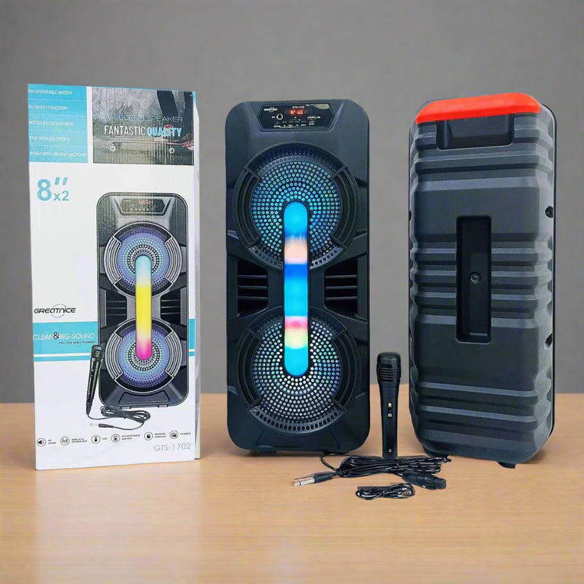 8"x2  Bluetooth Party Speaker with Mic – Rechargeable Sound System, USB/TF/FM, Dual 10W Output | GTS1702