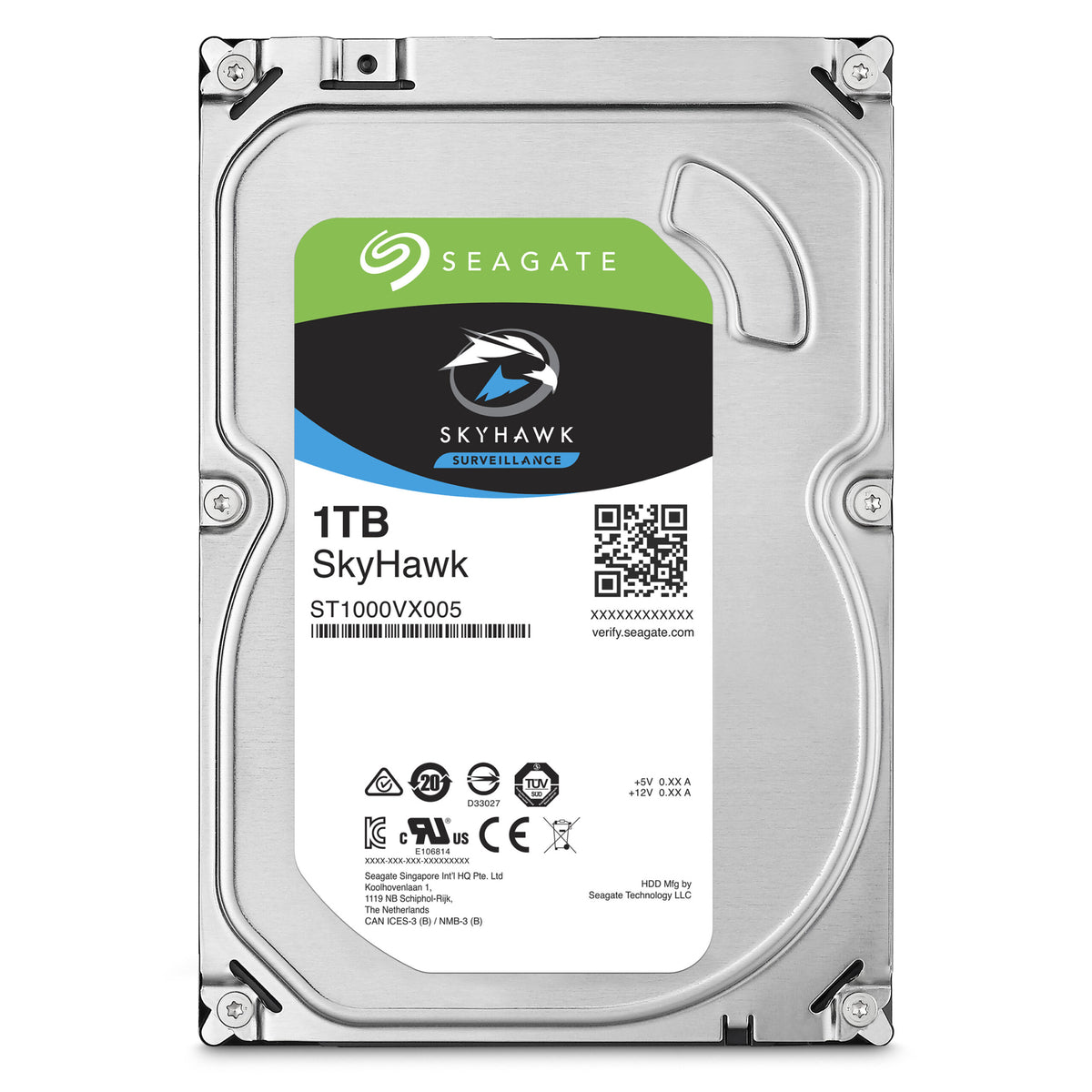 Seagate SkyHawk 1TB ST1000VX005 hard drive on white background